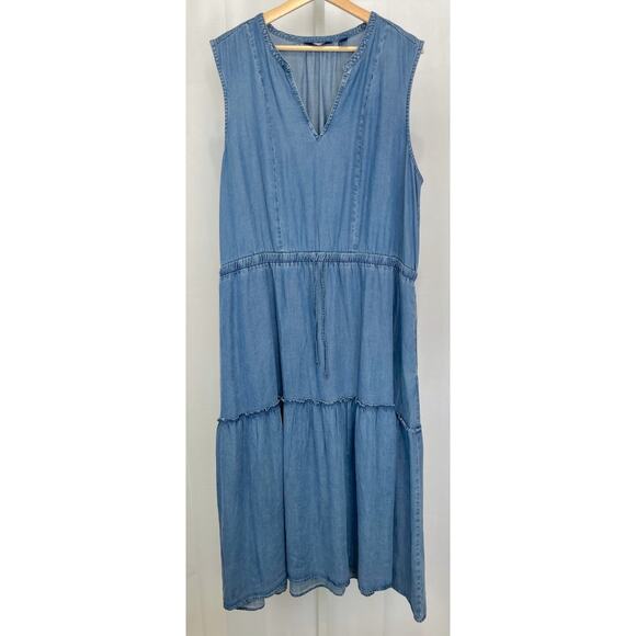 LANDS' END Tiered Midi Dress Sleeveless V Neck Lyocell Chambray Denim Blue XXL - Picture 1 of 7